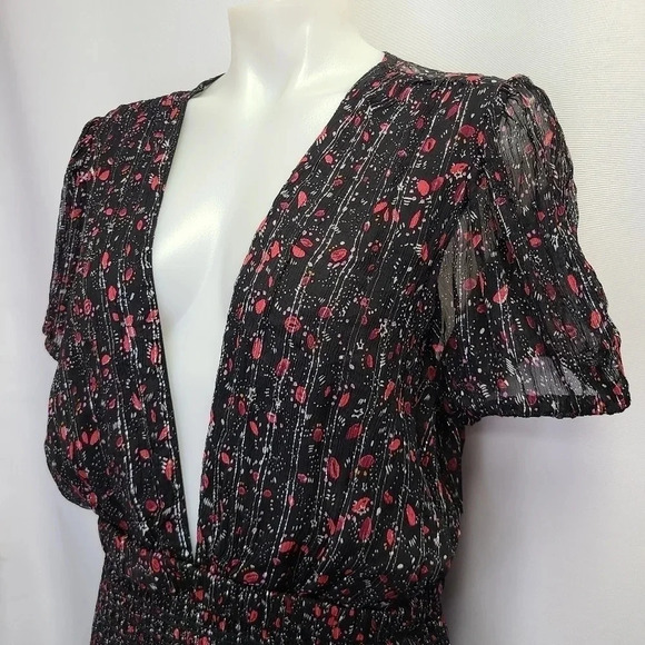 Free People Baby Love Smocked Floral Print Dress Black Red Silver Metallic Large - Picture 7 of 16